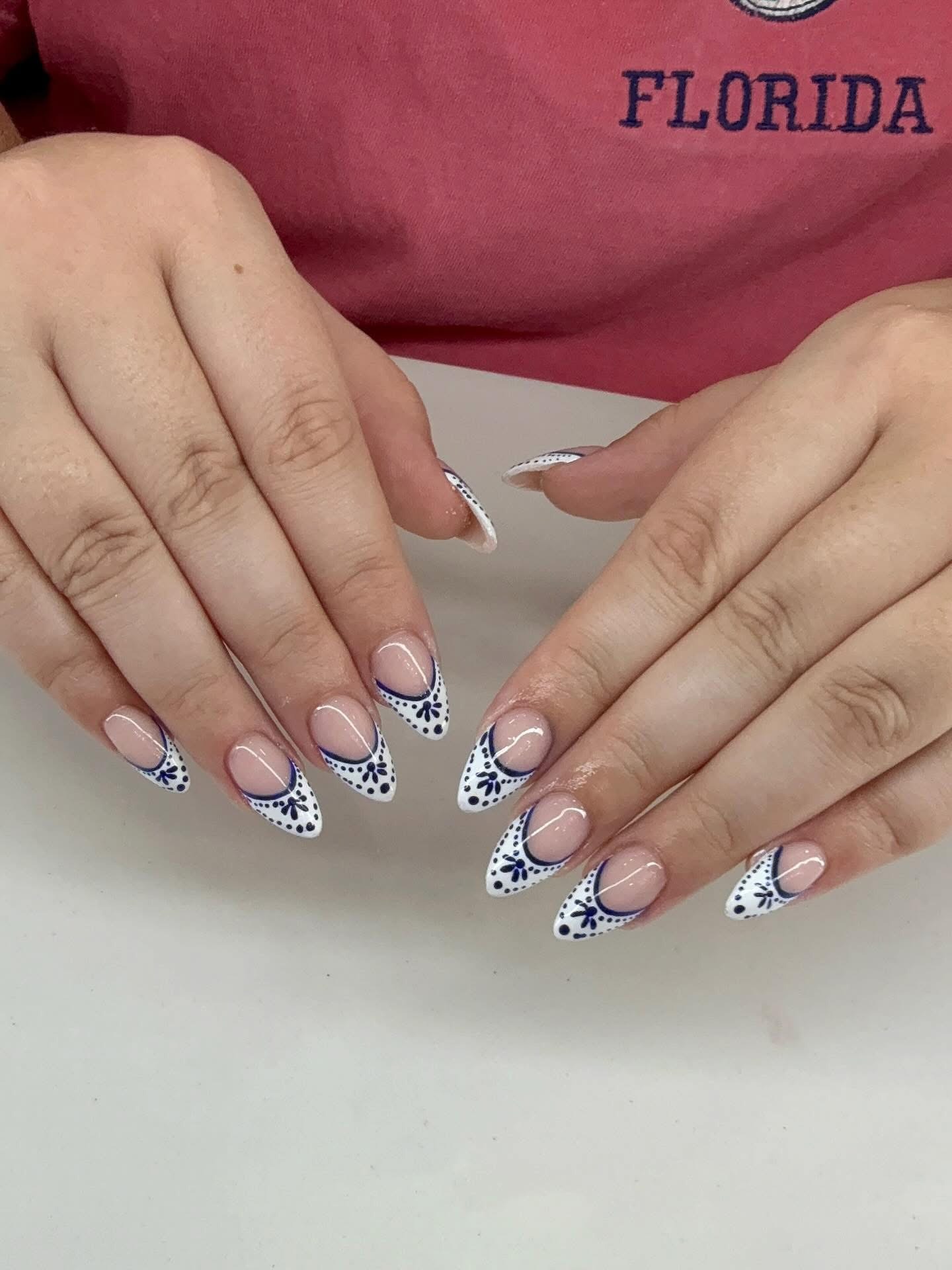 French ombre nails with hand-painted porcelain tile art