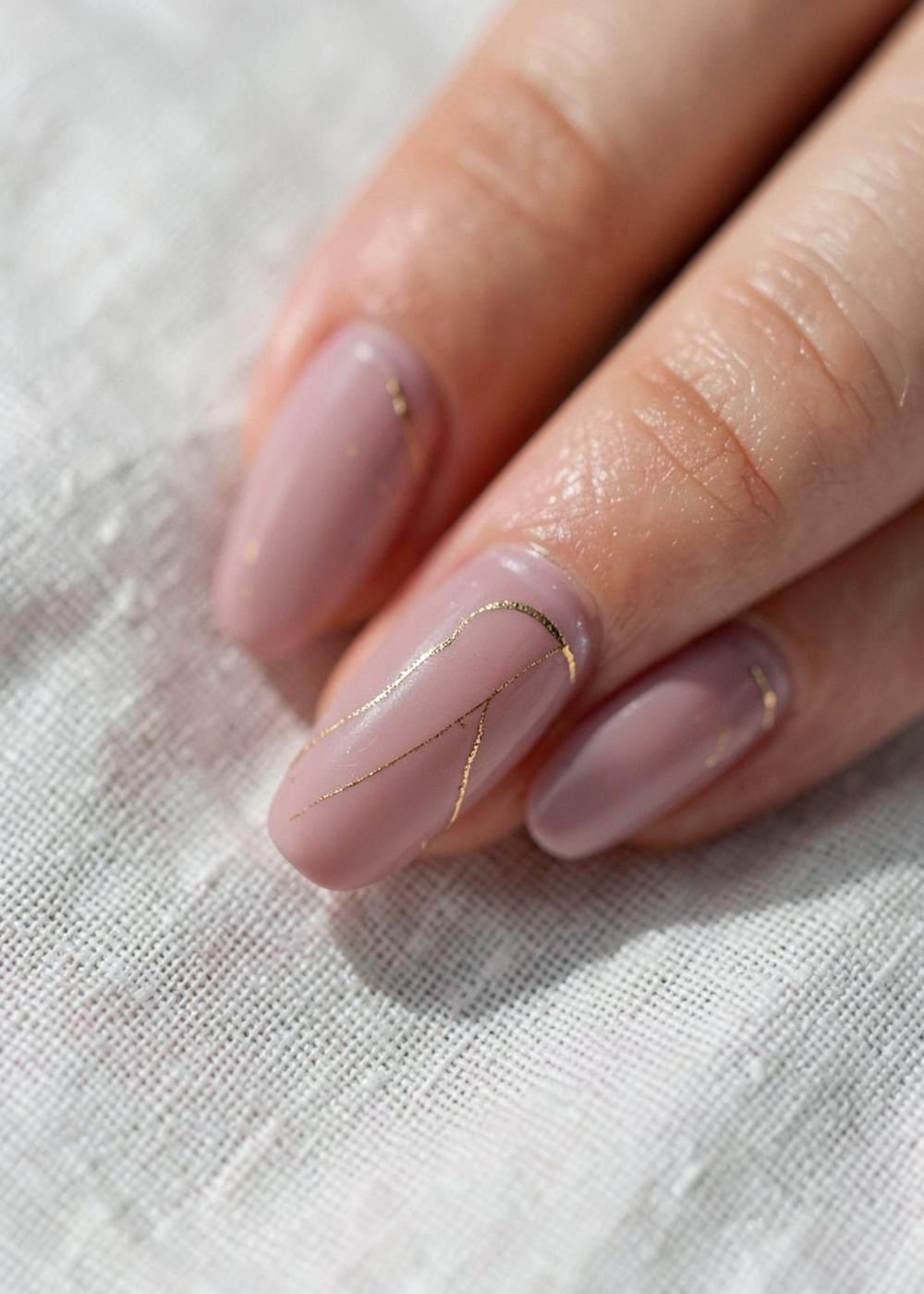 Dusty rose manicure with fine gold line detail