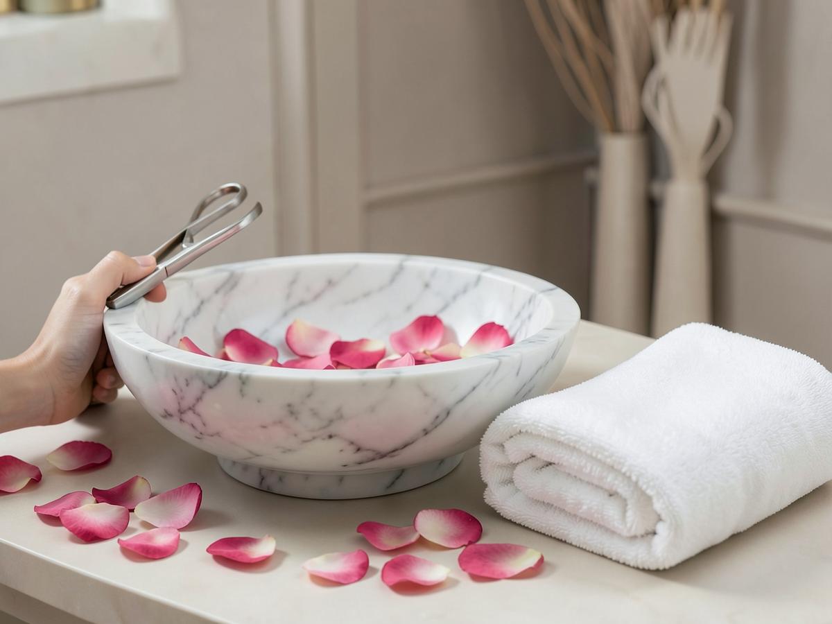 Marble pedicure basin with rose petals