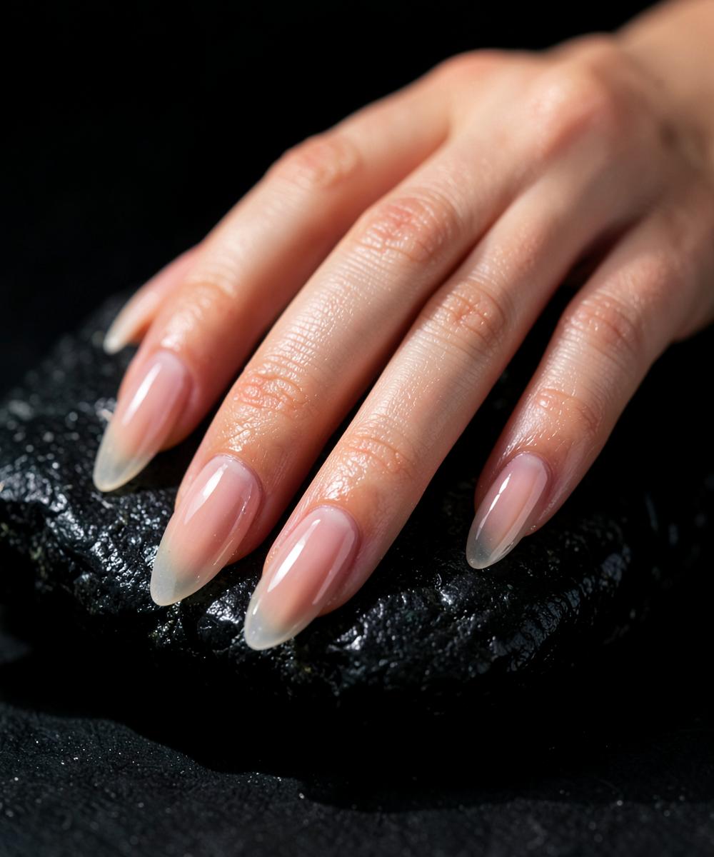 Glossy almond nail extensions on dark stone