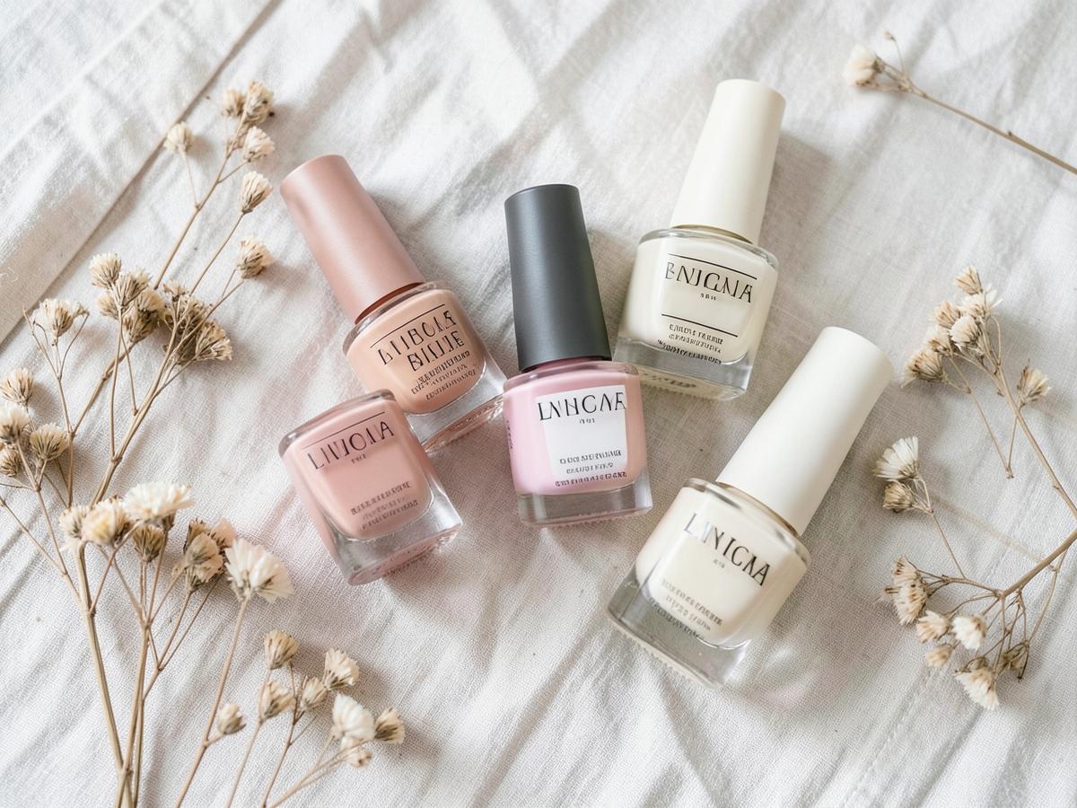 Blush and cream nail polish bottles on linen
